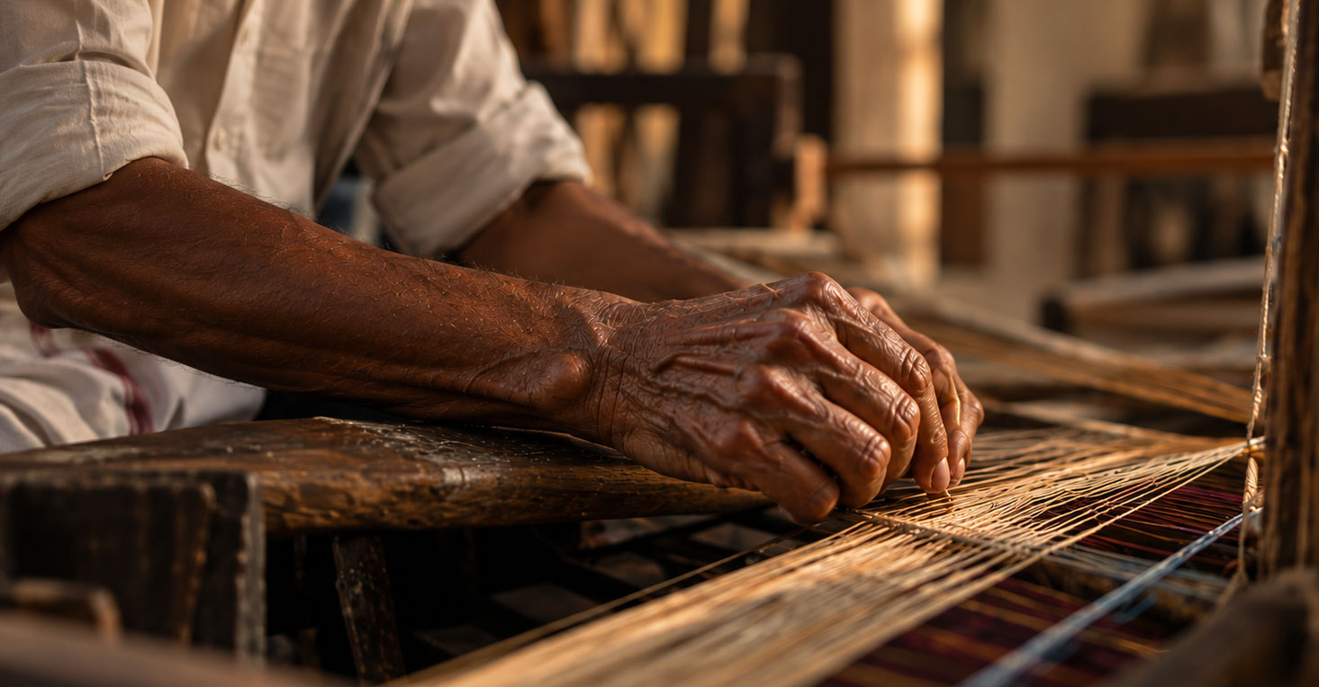 Artisan hands weaving on a loom